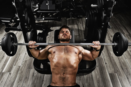Young muscular man lifting a barbell bench press in the gym. Beautiful body, goal achievement, Sport as a way of life.の写真素材