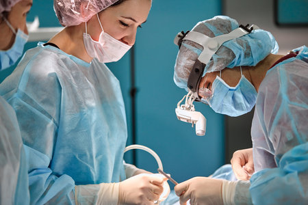 Surgical team in the operating room, close-up. An international team of professional doctors in a...