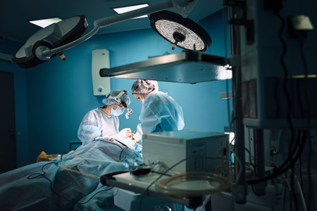 In the hospital operating room. An international team of professional surgeons and assistants works in a modern operating room. Professional doctors celebrate successfully saved lives.の写真素材
