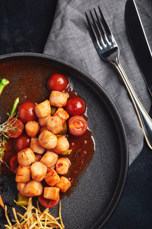 Grilled scallops with vegetables and sauce, a beautiful presentation from the chef, food photo, dark background. copy space, seafood food conceptの写真素材