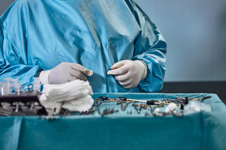 Surgical instruments in the operating room, the surgeon's assistant arranges them on a sterile...