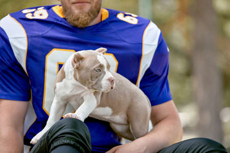 American football player with a dog posing on camera in a park. Copy space, sports banner.の写真素材