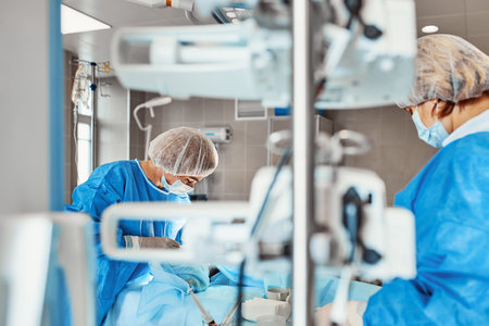 A team of doctors performs an operation. A group of surgeons at work in the operating room, saving...