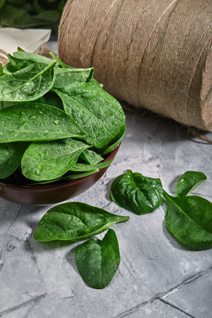 Fresh spinach in an old bowl on a gray background. Selective focus, horizontal. environmental...