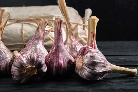 Red garlic, delivery, Organic products, layout for a healthy diet and organic restaurant cooking advertisementの写真素材