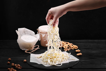 Cheese Chechil. Homemade soft cheese production. farm prodact