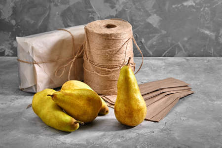 pear conference on a gray concrete backgroundの写真素材