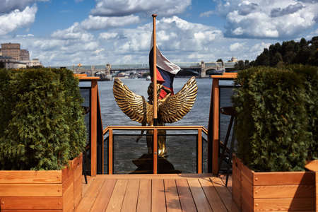 Deck on the river, cruise boat. Wooden flor, yacht interiorの写真素材