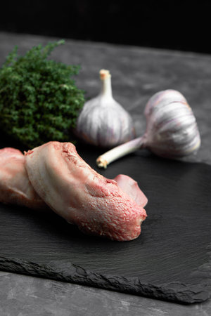 Raw beef tongues on the dark backgroundの写真素材