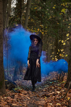 Young woman in black dress with witch hat and orange pumpkin placed around in the forest, Halloween...
