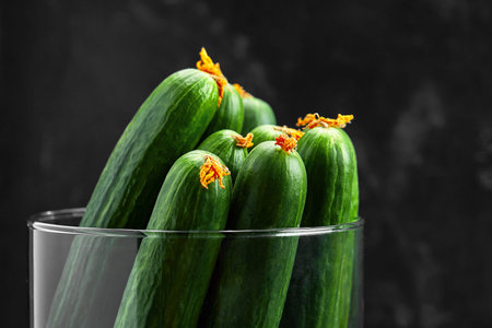 Many harvest cucumbers In vase on the grey concrete background. Top viewの写真素材