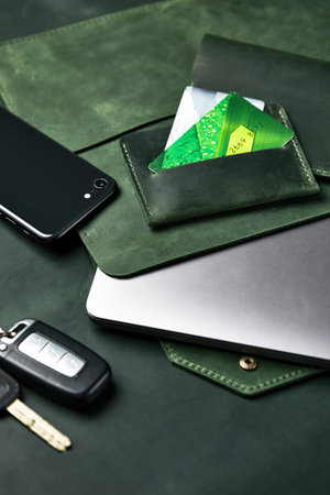 Set of handmade leather goods, key holder rings, wallet, purse, notepad, handbook. Handcrafted...