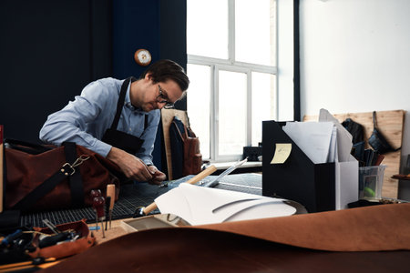 leather craftsmen working making measupenets in patterns at table in workshop studio