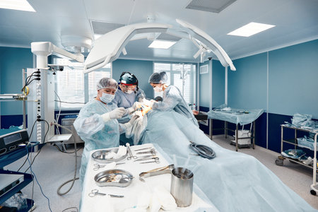 A modern operating room, surgeons and doctors doing an oncological operation, modern medicine, a light operating unit.の写真素材