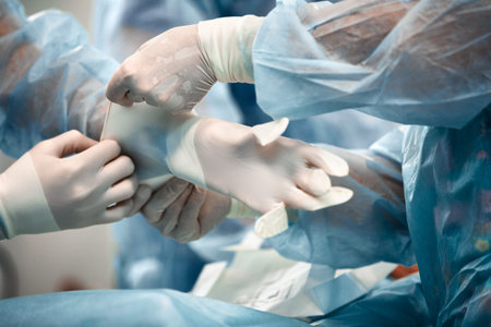 Nurses helping the surgeon to put on a glove in the operating room, many doctors hands in gloves....