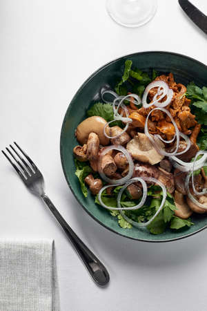 Mix of mushrooms on a plate with cutlery, white background, copy space, traditional Russian appetizer of pickled mushroomsの写真素材