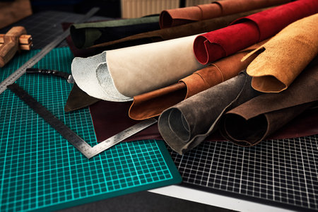 Samples of genuine leather of different colors on a craft table, surrounded by tools in a leather dressing and processing workshop.の写真素材