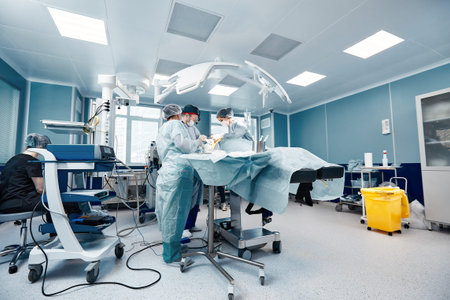 A team of women and men surgeons doing complex heart surgery, cardiovascular surgery, modern...