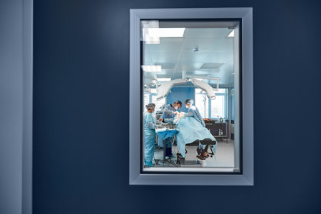 Behind the doors of the operating room, equipment and medical devices in the modern operating room.の写真素材