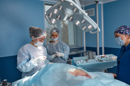 Concentrated Surgical team operating a patient in an operation theater. Well-trained...
