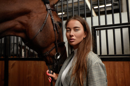portrait beautiful woman long hair next horse