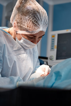The surgeon cuts the eyelid and performs manipulations using medical instruments. Blepharoplasty.