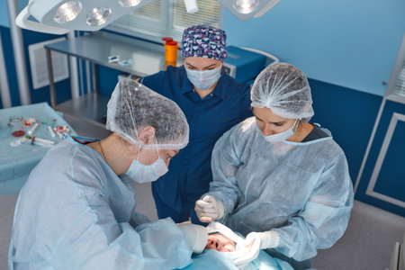 Face of a patient who is undergoing blepharoplasty. The surgeon cuts the eyelid and performs...