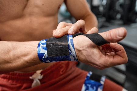 A beautiful athlete wraps his hands on sports bandages for boxing. Preparation before workout. The mood before the fight.の写真素材