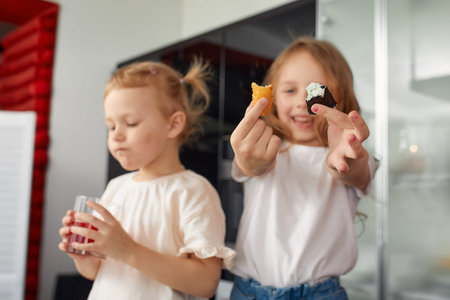 Two little girls siblings having fun and eating on the kitchen at home with japanese food.