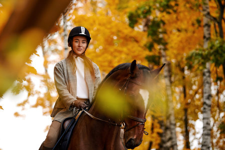 Portrait of a pretty young woman with a brown horse riding autumn dayの写真素材