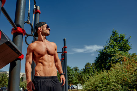 a man thinks about his body and health portrait of a sporty physique . sports stadium in the Park....