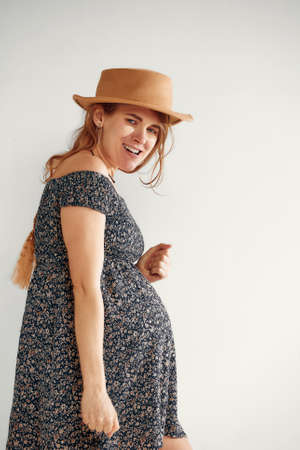 Pregnant woman over white background posing in studio. Beautiful pregnant woman with long hair in a summer dress on a white backgroundの写真素材