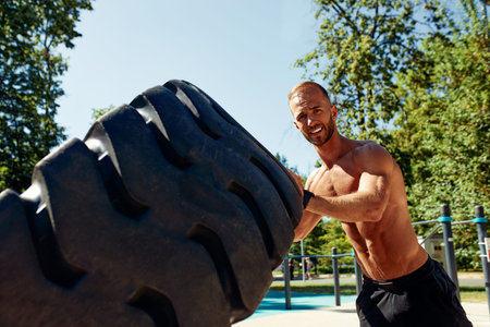 Strong man training workout lifting large tire outdoor gym. Sportive young adult caucasian guy flip...