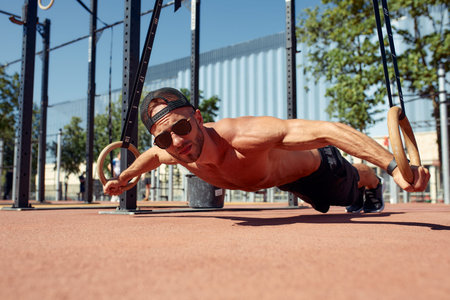 Handsome man on sport ground. The sportsman the guy, carries out difficult exercise, sports...