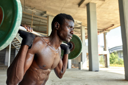 Athletic black young man lifting a heavy-weight barbell in outdoor gym under the bridge. Healthy lifestyle conceptの写真素材