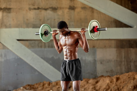 Athletic black young man lifting a heavy-weight barbell in outdoor gym under the bridge. Healthy...