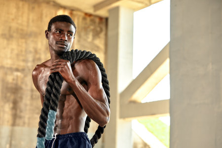 Rope workout. Sport man doing battle ropes exercise outdoor. Black male athlete exercising, doing functional fitness training with heavy ropeの素材 [FY310192782385]