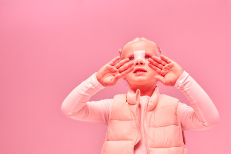 Young girl kid child wearing smart glasses and explore alternative reality. Cyber space and virtual gaming. Discover future technology on pink background bannerの写真素材