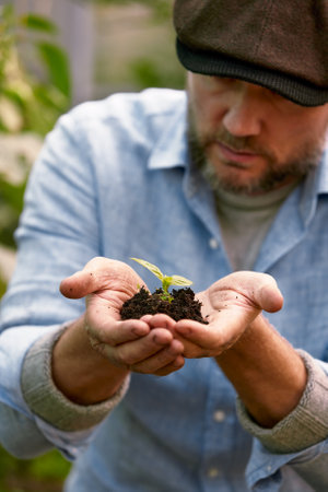 A male farmer holds a tree seedling in his hand to plant in the vegetable plot. Seedling plant sprout in soil. Concept agriculture farmingの写真素材