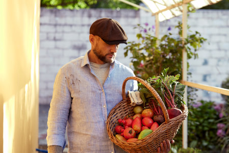 Close up of a mature male farmer is holding a basket with fresh harvested at the moment vegetables satisfied with his harvestの写真素材