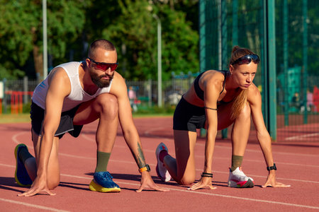Diversity training man and woman at the stadium, athletics running