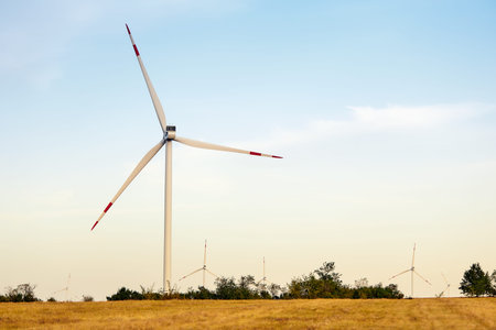 Windmill farm in the ocean Westermeerwind park, windmills isolated at sea on a beautiful bright day...