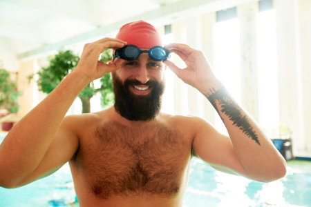 Portrait of a positive swimmer putting on swimming goggles, the swimmer is preparing for training in the pool, warming up before the swim.の写真素材