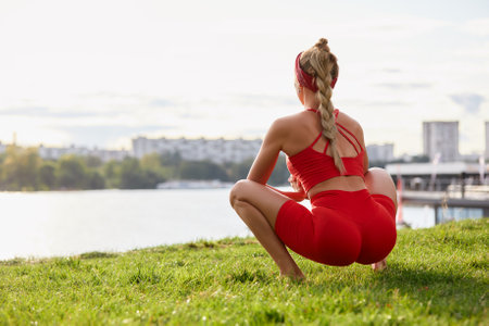 A woman is engaged in animal flow gymnastics, close-up outdoors near the river on green grass in red clothes.の写真素材
