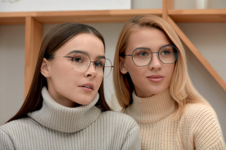 Two beautiful fashion girls in glasses and modern clothes, posing with glasses at the camera, image of stylish young girls in glassesの写真素材