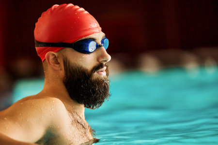 Swimmer athlete man resting at the side of the pool taking a break during training swims, swimming in the pool, training in the waterの写真素材