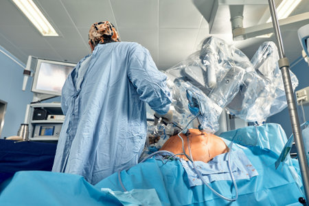 Surgery Da Vinci. Minimally invasive robotic surgery with the da Vinci surgical system. medical robot. Robotic Surgery. Robot-assisted medical operation. Medical operation involving robot.の写真素材