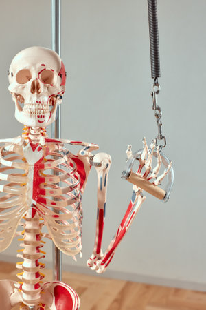 Skeleton, biology, anatomy and fitness learning. Pilates, healthy lifestyle.の写真素材