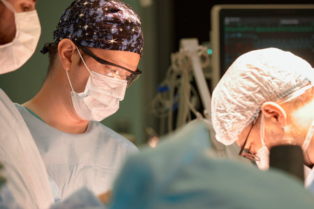 Surgeon face in operating room, stressful operation, surgeon performs operation in modern operating...