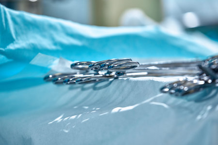 Close-up of surgical instruments on the table in the operating room, modern medicine, sterilization...